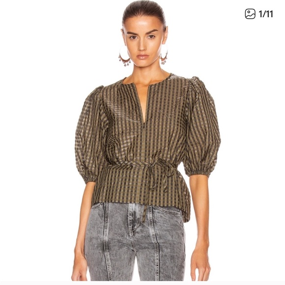 GANNI
SEERSUCKER CHECK SHORT PUFFY SLEEVES TOP women’s Small Olive green gingham - Picture 1 of 6